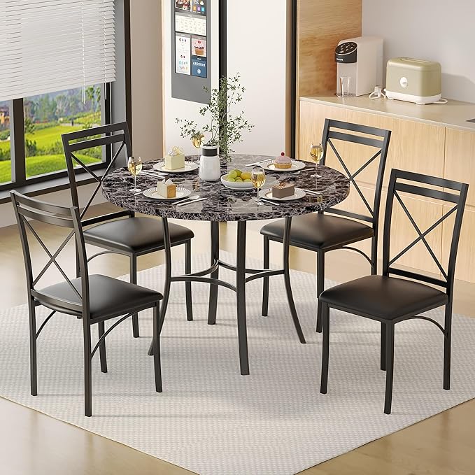 VECELO 36" Round Dining Table for 4, Faux Marble Dinette with Metal Frame for Kitchen, Apartment, Home, Space-Saving, Grey