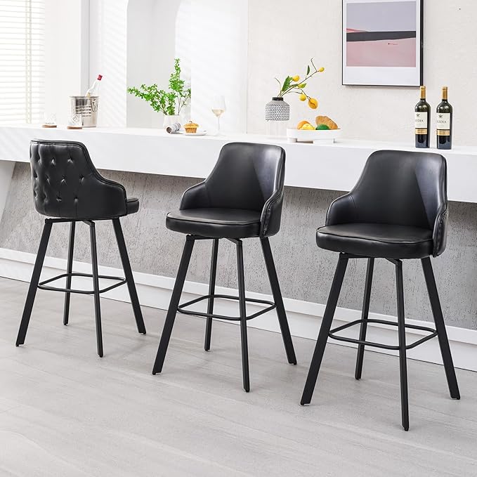 Bar Stools Set - 30" Swivel Bar Height with High Back Faux Leather Kitchen Barstools (Black, 3PCS)