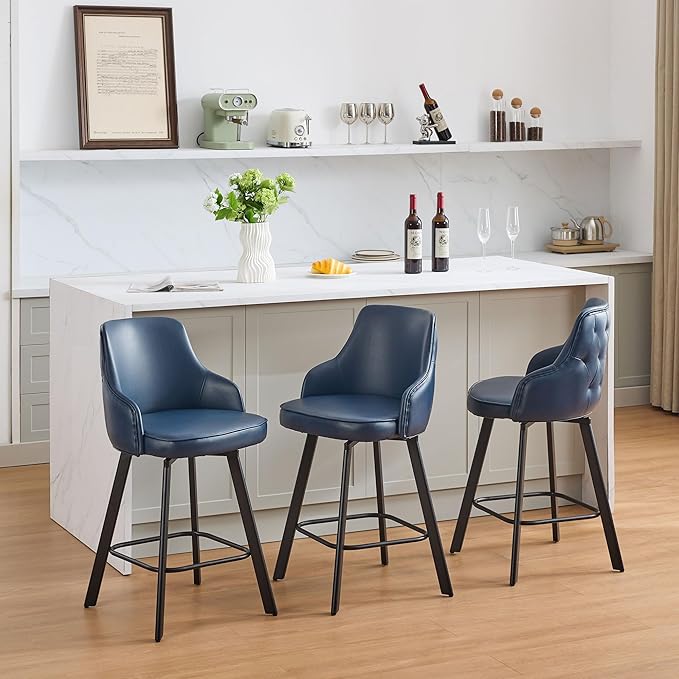 Bar Stools Set of 3, 26" Swivel Counter Height Bar stools with High Back, Faux Leather Kitchen Barstools Counter Height for Kitchen Island (Navy Blue, 3PCS 26" Counter Stools)