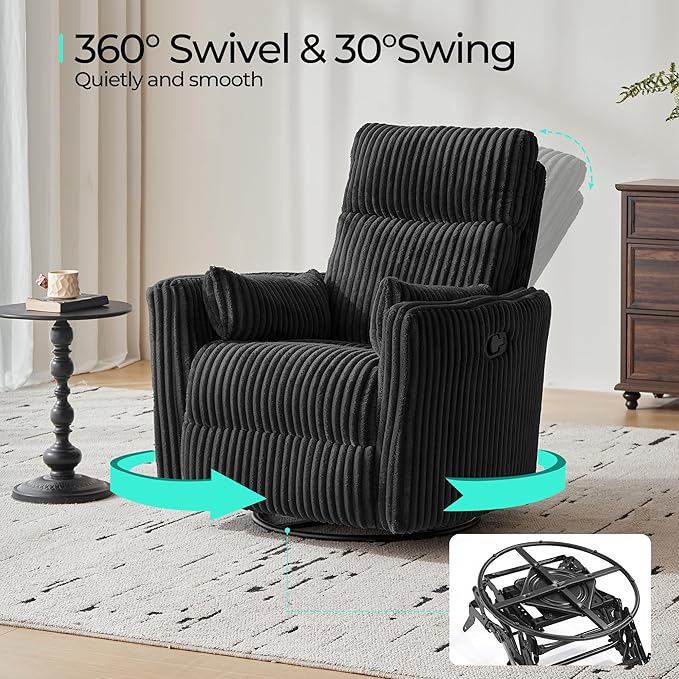 LINSY 360 Swivel Recliner Chair - Corduroy Nursery Glider Rocking Chair with 2 Pillows, Comfy High Back Adult Recliner for Small Spaces, Nursery Bedroom Living Room Reclining (Black)