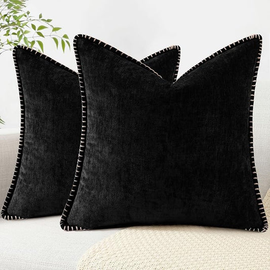 decorUhome Chenille Soft Throw Pillow Covers 24x24 Set of 2, Farmhouse Velvet Neutral Decorative Euro Pillow Covers with Stitched Edge for Couch Sofa Bed Home Decor, Black