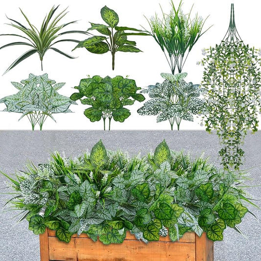 16Pack Artificial Plants Outdoor UV Resistant Faux Greenery Stems Shrubs with 7 Kinds of Fake Plastic Plant and Hanging Eucalyptus Plants Bushes Green Boxwood for Indoor Garden Patios Porches Decor