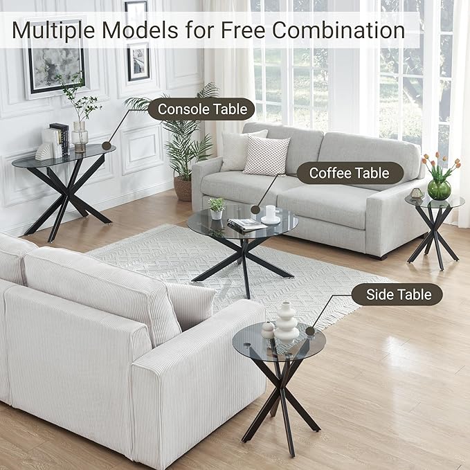 Modern Glass End Table, Small Round Side Table for Couch, Sofa Table with Grey Tempered Glass Top for Living Room, Bedroom, Bedside, 19.7" Wx21.7 H Black