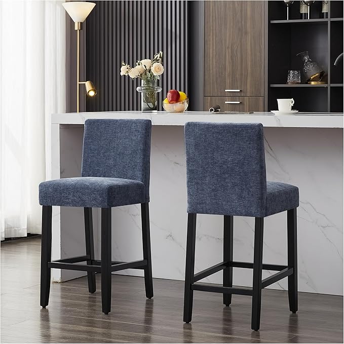 26'' Velvet Chenille Bar Stools Set of 2, Modern Upholstered Bar Height Bar Chairs, Soild Wood Legs Barstools with Back, Blue