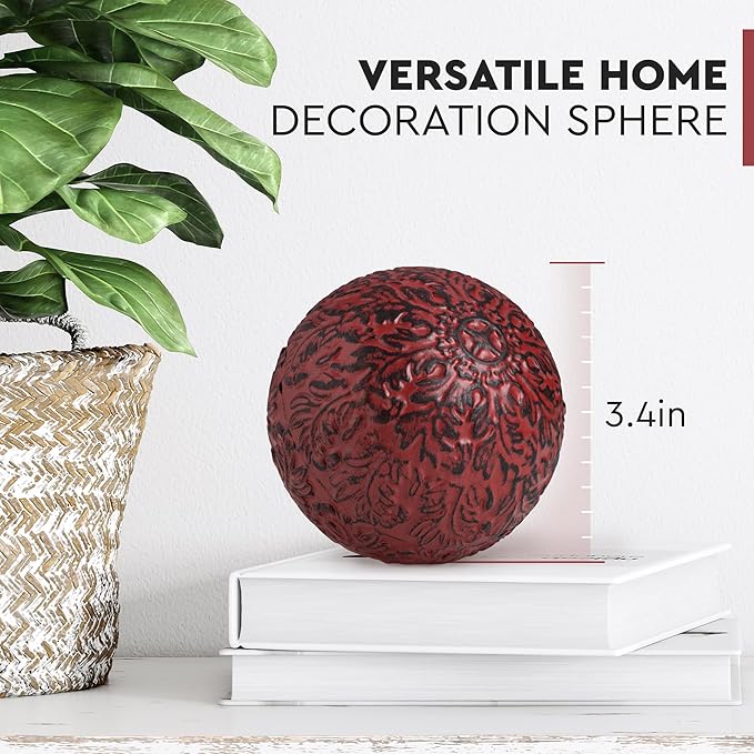Everydecor Metal Decorative Sphere for Home Decor - Decorative Balls for Shelves, Centerpiece Bowls, Bookshelf - Decoration Orbs Accents for Living Room, Bedroom - Vintage Red Shelf Spheres