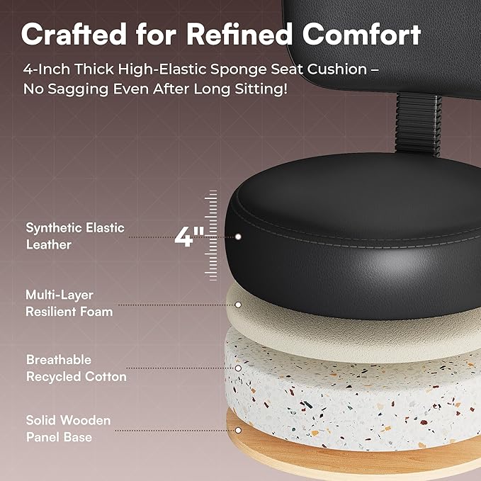 SUPERJARE Drafting Chair with Back, Adjustable Foot Rest Rolling Stool, Multi-Purpose Office Desk Chair, Thick Seat Cushion for Home Bar Kitchen Shop - All Black