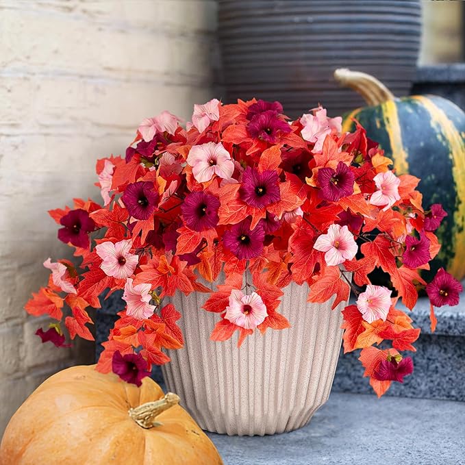 Fake Fall Flowers for Outdoors Decor 2PCS Artificial Flowers Fake Faux Silk Petunias Faux Fall Flower, UV Resistant Autumn Plants for Garden Porch Balcony Realistic Halloween Decoration(Burgundy Pink)