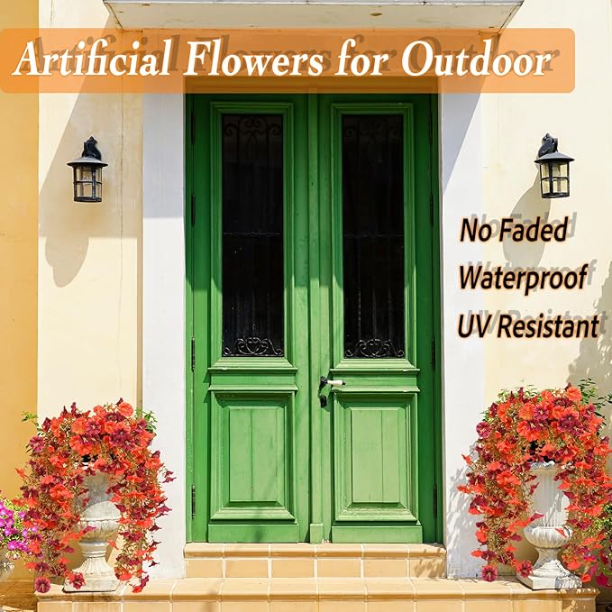 Artificial Fall Flowers for Outdoors, 4 pcs Fall Faux Mums for Outdoor Planters, Fake Mums for Yard Patio Lawn Garden, Artificial Flowers Fall Porch Decor, Morning Glory Silk Flowers