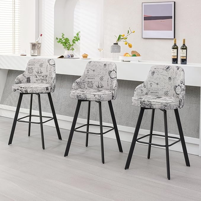 Bar Stools Set of 3, 30" Swivel Bar Height Bar Stools with High Back, Linen Kitchen Barstool Bar Height for Kitchen Island (Beige (Nautical Print), 3PCS 30" Bar Stool)
