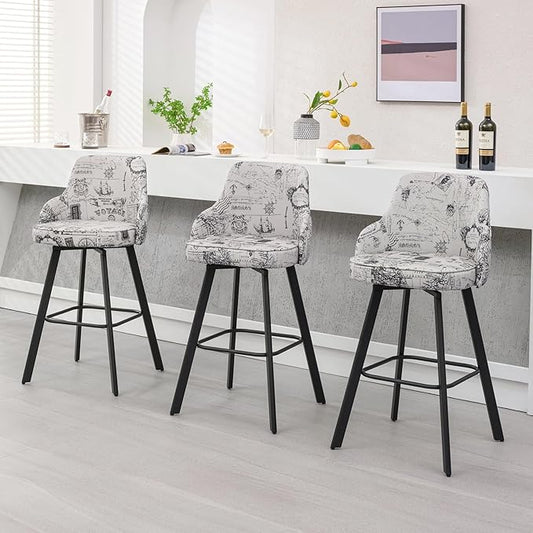 Bar Stools Set of 3, 30" Swivel Bar Height Bar Stools with High Back, Linen Kitchen Barstool Bar Height for Kitchen Island (Beige (Nautical Print), 3PCS 30" Bar Stool)