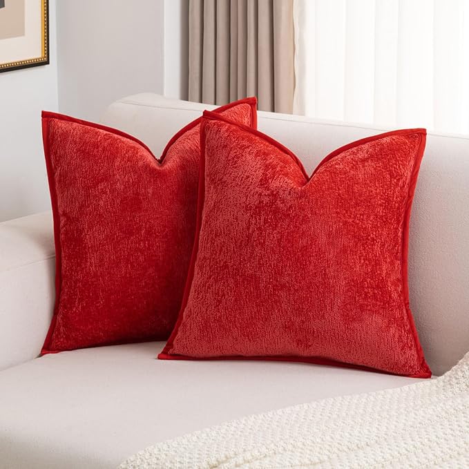 FUTEI Red Chenille Throw Pillow Covers 18x18 Inch Set of 2,Soft Cozy Bound Edge Design Cushion Case,Home Decor for Couch Bed Living Room