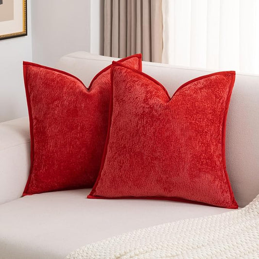 FUTEI Red Chenille Throw Pillow Covers 24x24 Inch Set of 2,Soft Cozy Bound Edge Design European Cushion Cover,Home Decor for Couch Bed Living Room