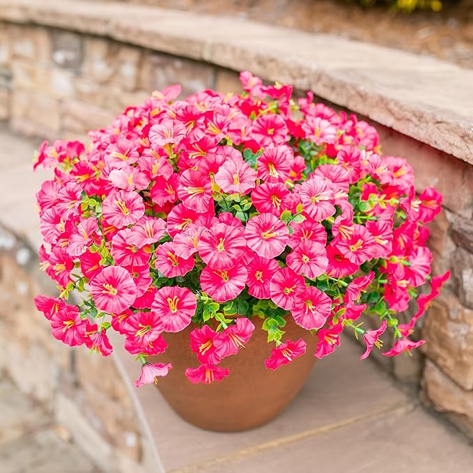 Fake Plants Artificial Flowers for Outdoor Outside Summer Decoration, 12 Bundles Faux Flowers Silk Hot Pink Morning Glory with Eucalyptus Look Real UV Resistant for Planter Front Door Porch Yard Patio