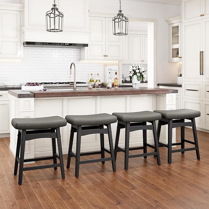 PHI VILLA Counter Height Bar Stools Set of 4 - Farmhouse Barstools with Upholstered Saddle Seat and Solid Wood Legs, Kitchen Counter Island Stools