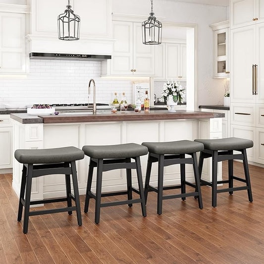 PHI VILLA Counter Height Bar Stools Set of 4 - Farmhouse Barstools with Upholstered Saddle Seat and Solid Wood Legs, Kitchen Counter Island Stools