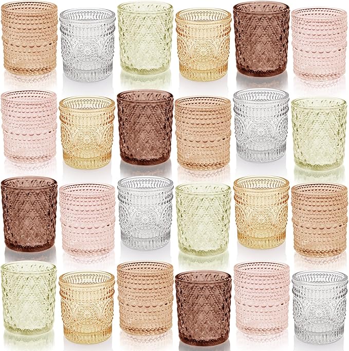 24 pcs Fall Votive Candle Holders, 6 Colors 3 Patterns Tealight Candle Holders for Wedding Table Centerpiece Birthday Party Decoration