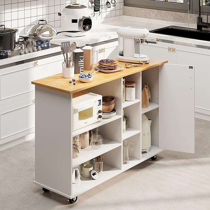 Shintenchi 47”W Kitchen Storage Island Cart with 6 Open Shelves and 1 Cabinet, Portable Trolley Cart with Wood Work Top and Handle/Towel Rack, White