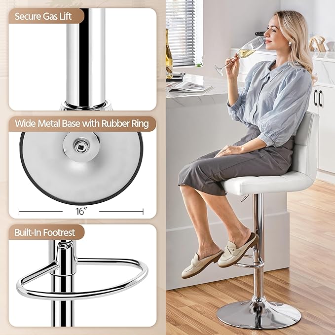 Yaheetech Bar Stools, PU Leather Adjustable Swivel Barstools, Armless Hydraulic Kitchen Counter Bar Stool, Kitchen Island Chairs, White