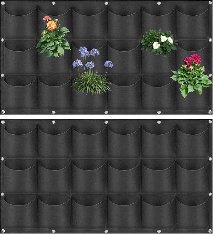 18 Pockets Hanging Grow Bags, 2 Pack Horizontal Wall Planter Plant Grow Bags Outdoor Indoor Hanging Planter for Balcony/Railing/Fence/Yard/Garden/Home Decoration, Black