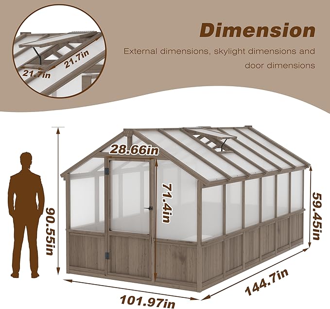 MUPATER 8' x 12' Outdoors Walk-in Greenhouse, Wood Greenhouse with Ventilated Window and Lockable Door, 6mm Polycarbonate Panels for UV Protection and Heat Insulation,Suitable for Patio, Backyard