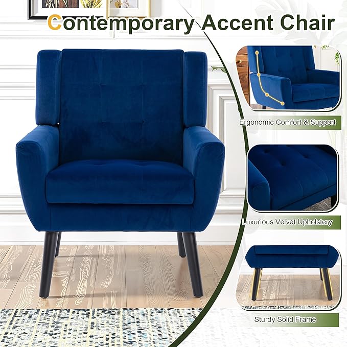 NicBex Accent Chair Set of 2, Modern Chair for Living Room Upholstered Foam Filled Living Room Chairs with Metal Legs Velvet Cozy Lounge Armchair for Living Room Bedroom,Navy Blue