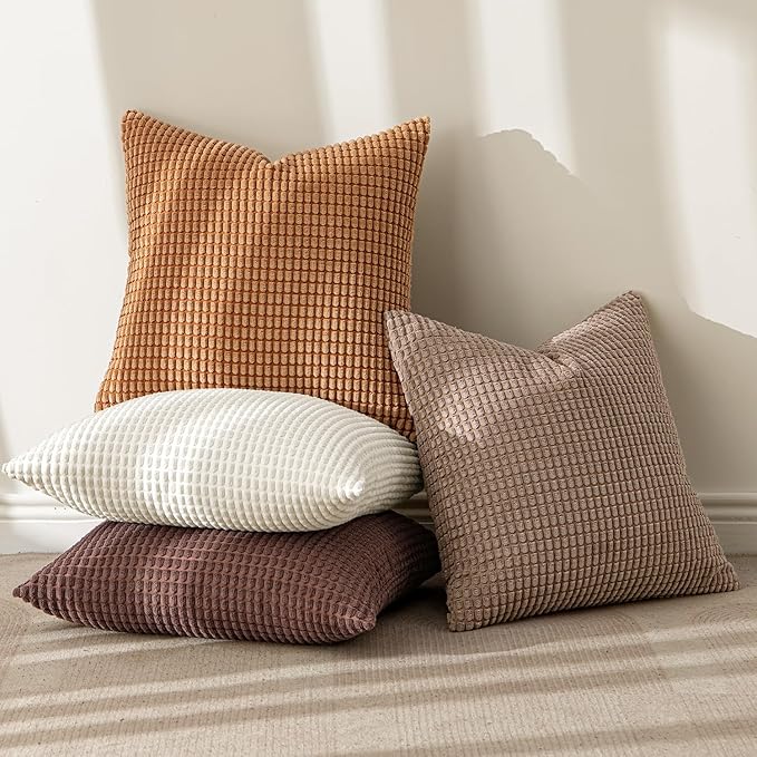 MIULEE Modern Farmhouse Decorative Lumbar Pillow Covers 20x20 Inch Set of 4 Natural Rustic Throw Pillows Neutral Warm Soft Corduroy Couch Pillowcases Home Decor for Sofa Living Room Bed Brown