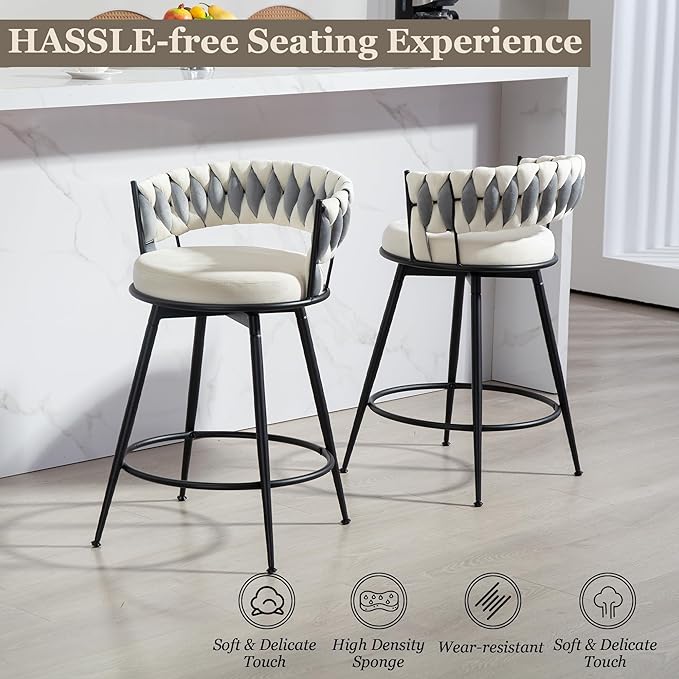 Swivel Bar Stools Set of 4, 24 Inches Modern Counter Height Bar Stools with Woven Back, White Upholstered Suede Tall Barstools for Kitchen Island, Cafe