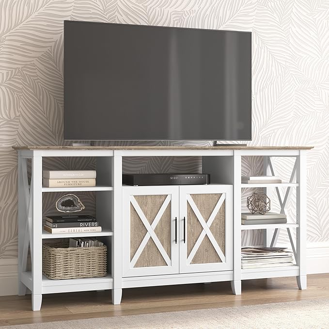 Bush Furniture Key West Tall TV Stand for 65 Inch TV in Pure White and Shiplap Gray, Farmhouse Entertainment Center with Storage