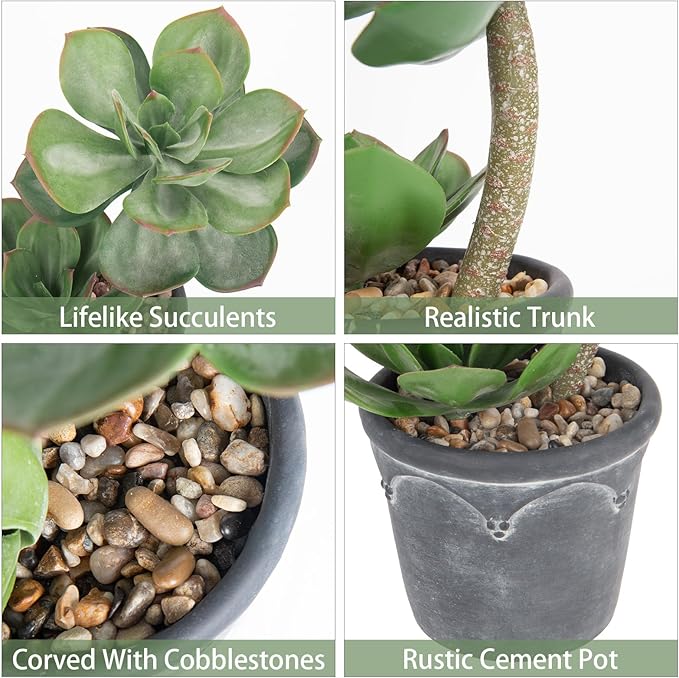 Hollyone Large Artificial Succulent Plants Fake Two-Head Succulents Agave Plant Potted 13" Faux Plant in Vintage Cement Pot Succulent Aloe Indoor for Home Office Living Room Table Shelf Decor