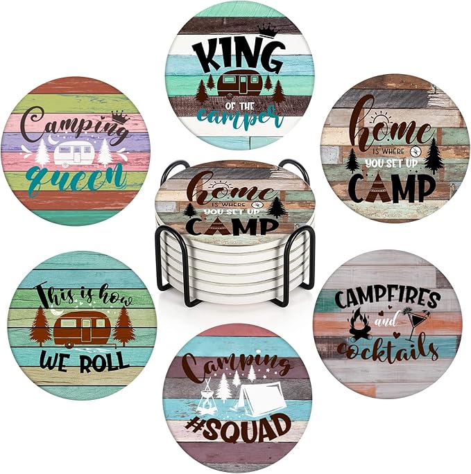 Britimes Coaster for Drinks Set of 6, Wooden Summer Camping Forest Absorbent Round Ceramic Stone Mat, with Cork Base and Metal Holder, Gift for Housewarming Room Bar Decor