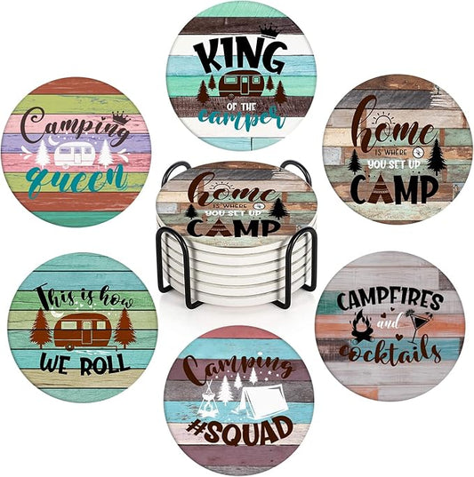 Britimes Coaster for Drinks Set of 6, Wooden Summer Camping Forest Absorbent Round Ceramic Stone Mat, with Cork Base and Metal Holder, Gift for Housewarming Room Bar Decor