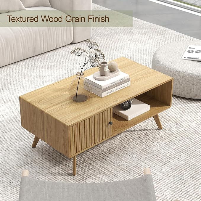 Mid Century Modern Coffee Table with Storage, Light Oak Wood Center Table with Cabinet & Open Shelf, Retro Cocktail Table for Living Room and Small Spaces