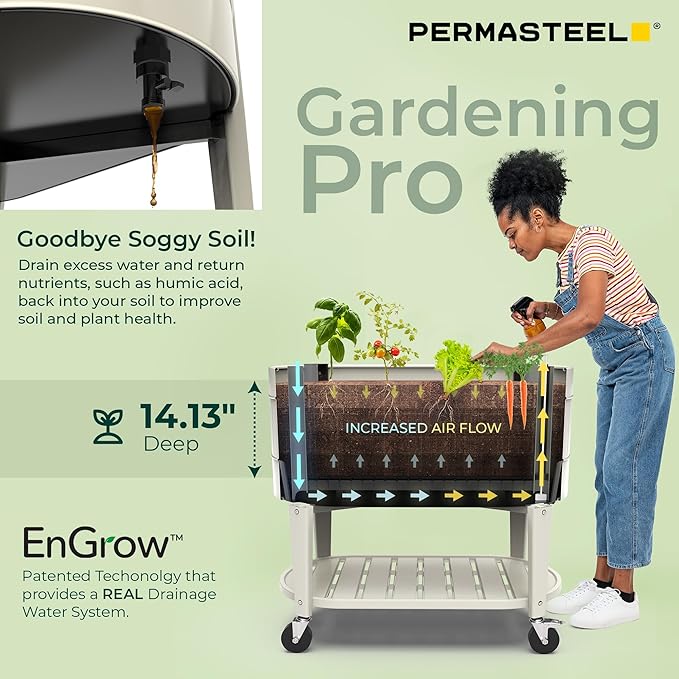 Permasteel Raised Garden Bed with Legs, 40×20×37 in, Planter Box with EnGrow™ TrueSoil™ Technology for Vegetables, Flowers, Herbs, and Fruit, Outdoor Indoor, Storage Shelf, Ivory