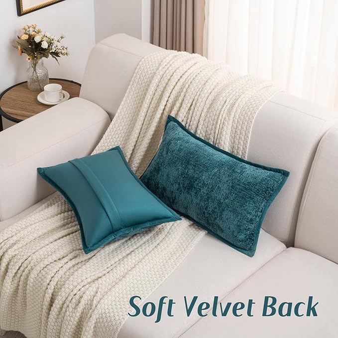 FUTEI Teal Chenille Throw Pillow Covers 12x20 Inch Set of 2,Soft Cozy Bound Edge Design Lumbar Pillow Cases,Home Decor for Couch Bed Living Room