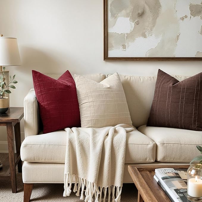 MIULEE Christmas Decorative Linen Check Throw Pillow Covers Neutral Farmhouse Vintage Pillow Covers 18x18 Set of 2 Boho Modern Home Decor for Sofa Couch Bedroom Cushion Burgundy