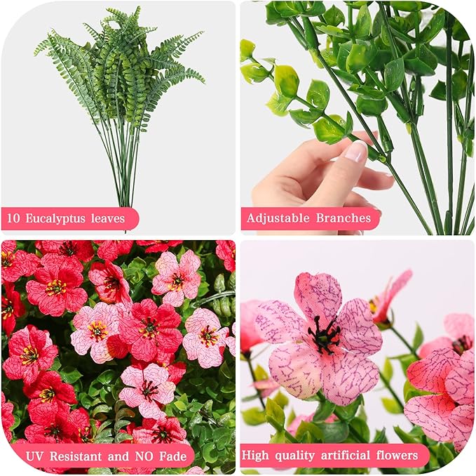 Artificial Faux Plants Flowers Outdoor Decoration,16 Bundles Fake Silk Colorful Daisy Eucalyptus Realistic UV Resistant for Outside Home Planter Porch Patio Yard Decor (red Pink)