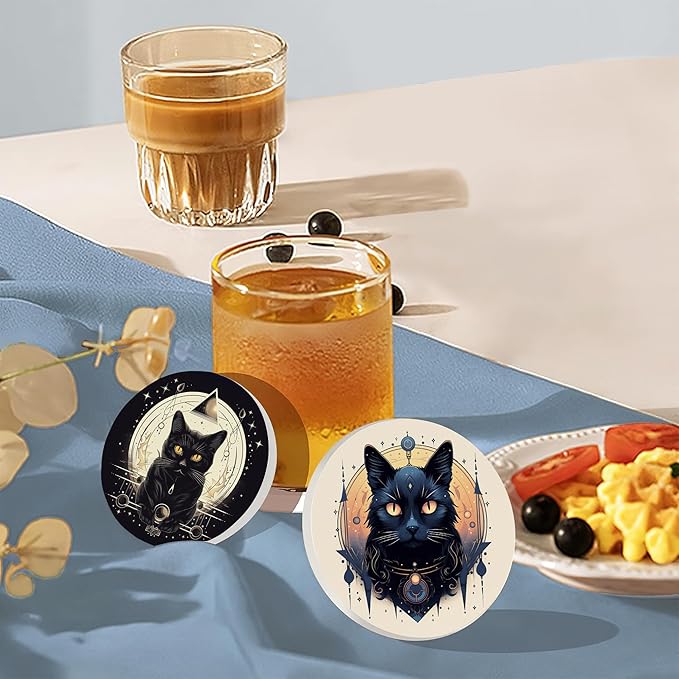 Drink Coasters Set of 6 with Holder, Black Cat Absorbent Ceramic Coasters with Cork Base,Fit All Cups,Great Gift for Housewarming,Room Decor,Bar,Holiday Party