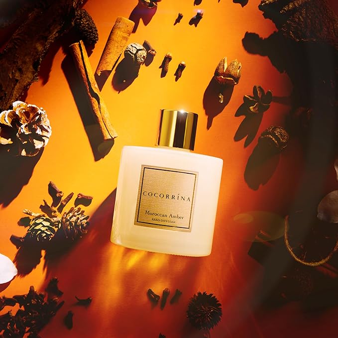 COCORRÍNA Reed Diffuser - Moroccan Amber 6.7 Fl.oz Reed Diffuser Set with Sticks & Preserved Baby's Breath, Reed Diffuser for Home Bathroom Shelf Decor