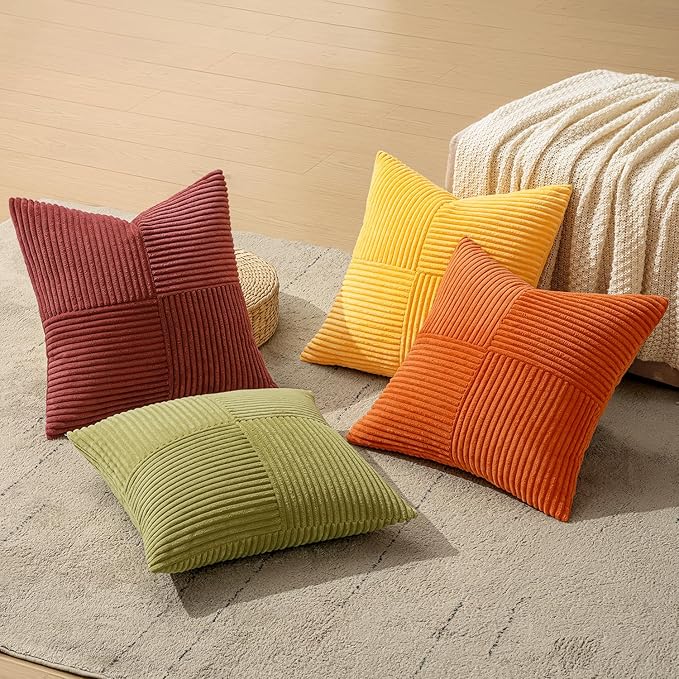 MIULEE Yellow Orange Rust Throw Pillow Covers 18x18 Inch 4 Packs Boho Farmhouse Decorative Color-Clash Pillow Cases Soft Cushion Cases for Couch Sofa Bed Corduroy Striped Fall Home Decor