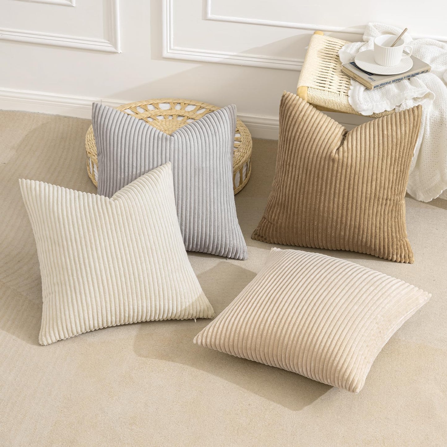 MIULEE Boho Farmhouse Throw Pillow Covers 18x18 Inch Set of 4 Neutral Rustic Decorative Cushion Covers Soft Corduroy Nordic Home Decor for Couch Bed Sofa Living Room