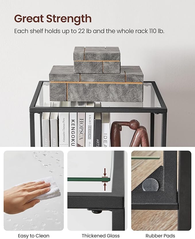 VASAGLE Bookcase, 5-Tier Bookshelf, Slim Shelving Unit for Bedroom, Bathroom, Home Office, Tempered Glass, Steel Frame, Ink Black ULGT029B61