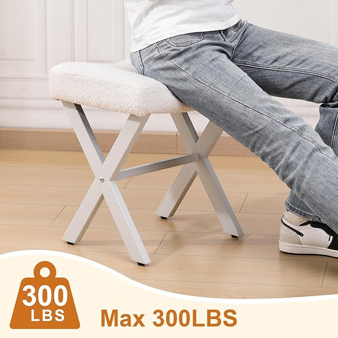 18-Inch Vanity Stool Chair, Vanity Bench with Metal X-Legs, Ottoman Accent Stool with Breathable and Soft Boucle Fabric Saddle Seat, White