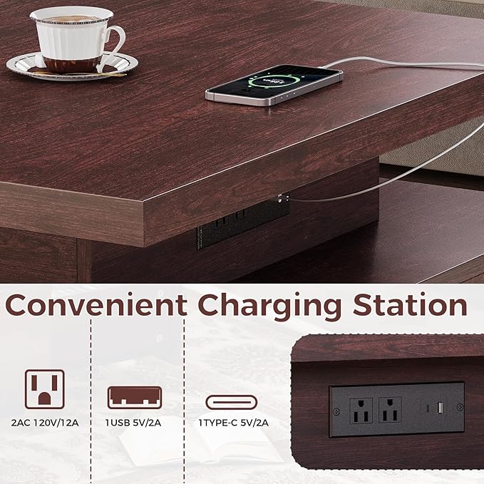 IRONCK Coffee Table with LED Light and Charging Station, 4 Storage Drawers with Grille Design, Square Coffee Table for Living Room Office Reception Room (Walnut)