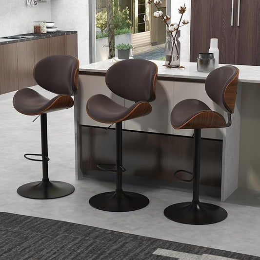 civama Bar Stools Set of 3 for Kitchen Counter, Adjustable Bar Height Chairs, Modern Swivel Barstools with Bentwood Seat and Back with Footrest for Kitchen Island, Dining Room, Brown PU Leather