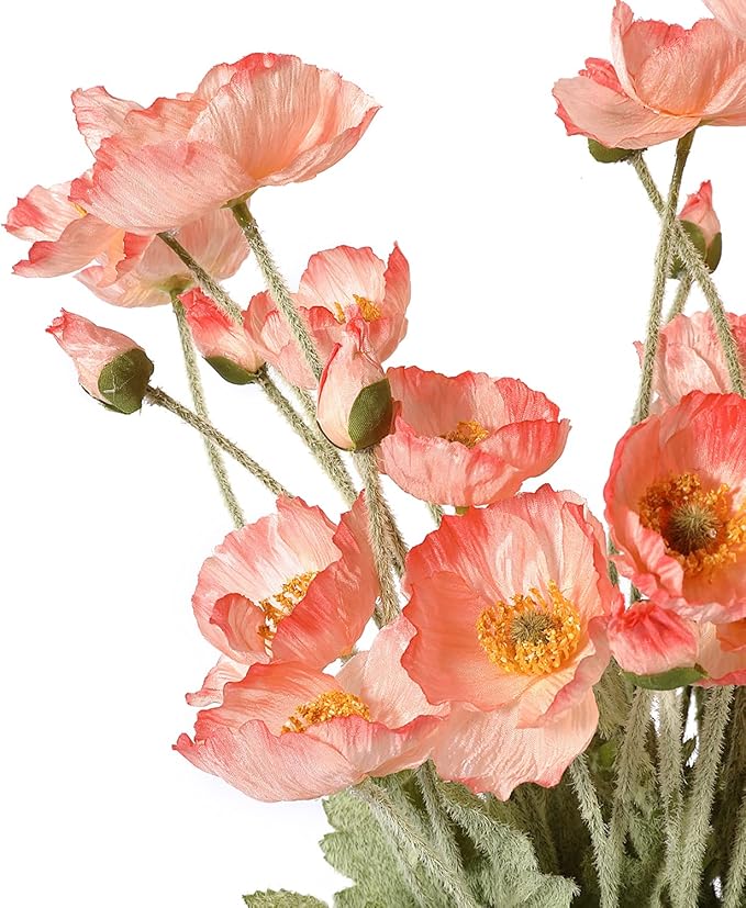 Artificial Poppy Flowers, 5 Bundles Faux Poppies with Stems for Floral Arrangements - Wedding, Home, Office, Party Table Centerpiece Decor (Pink)