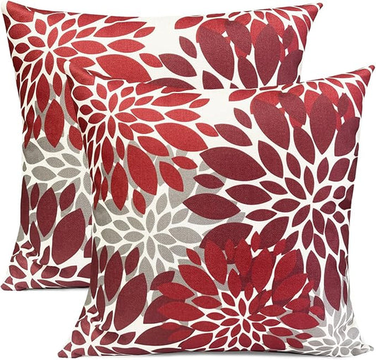 Decorative Throw Pillow Covers Set of 2 Wine Red Pillow Covers 18x18 Inch Couch Pillow Covers for Sofa Living Room Outdoor Throw Pillow Cover Linen Floral Flower Farmhouse Pillowcase