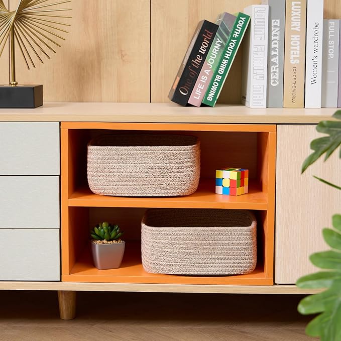 Small Square Shallow Baskets for Organizing, 9.7x9.7x4.3 Inch Rope Woven Storage Bins for Cubes Closet, Shelves Storage, Boho Decorative Basket, 2 Packs Mixed Brown