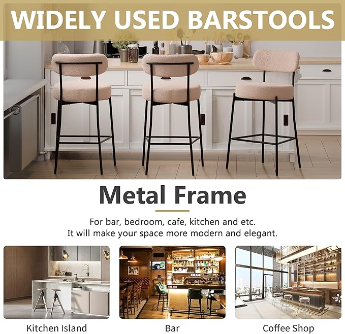 DYHOME Bar Stools Set of 3, Beige 27.56 Inches Counter Height Bar Stools with Back, Mid-Century Modern Bar Chairs for Kitchen Island, Dining Room