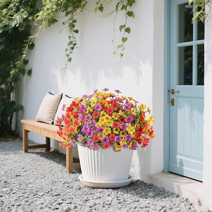 12 Bundles Artificial Flowers Plants for Outdoor Spring Summer Home Decor, Faux Flower Daisy with Eucalyptus Leaves Fake Plants, UV Resistant Artificial Flowers for Garden Porch Patio Decor Multicolor