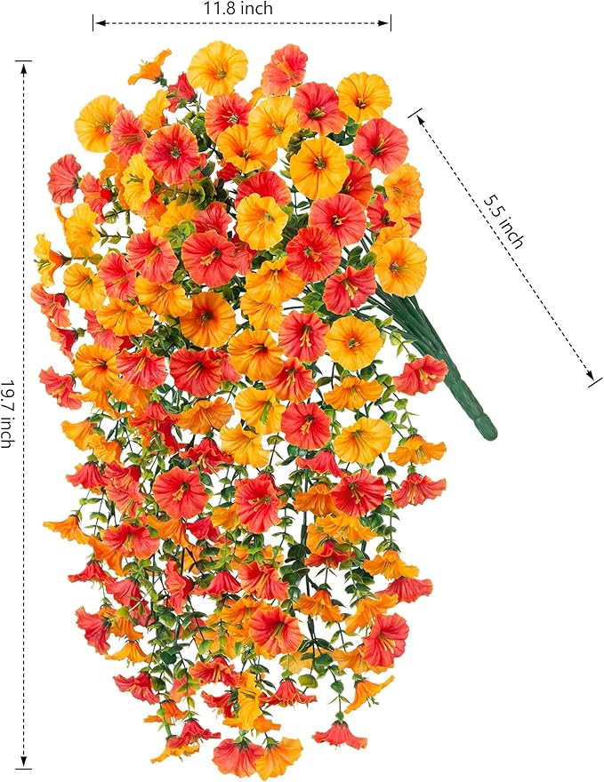 Artificial Faux Fall Hanging Flowers Plants for Outdoor Decor,2 PCS Fake Silk Morning Glory with Eucalyptus UV Resistant Realistic Vine for Wall Home Porch Patio Balcony Yard Decor,Yellow and Orange